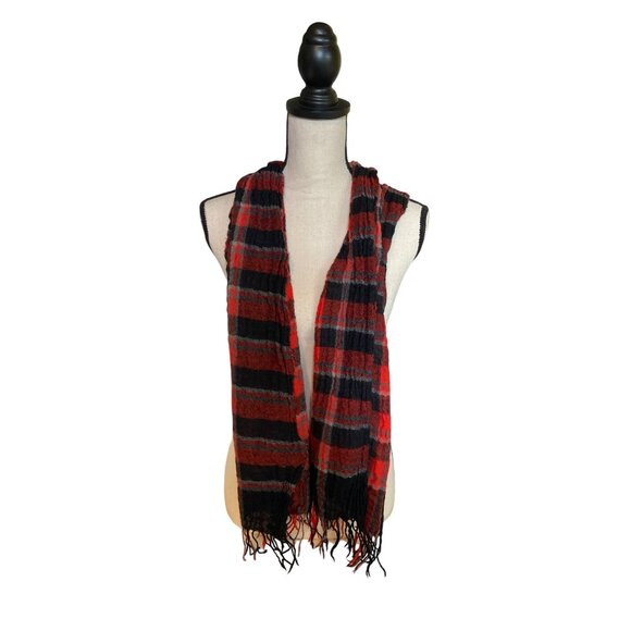 Womens Rectangle Scarf Red Black Plaid Woven Fringe Dark Academia Preppy - Picture 1 of 6